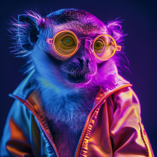 funny dressed animal portrait neon outfit vibrant wide angle cool monkey from the movie hangover