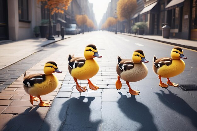 Photo funny duck bird family walking street generative ai