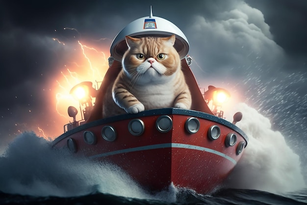 A funny fat cat wearing a sea captain's hat is running away from a sinking ship generative ai