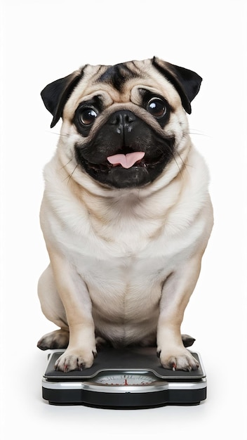 Photo funny fat dog pug stands on the scales on a white background the concept of health proper nutrition