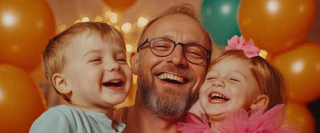 Photo funny father in tutu skirt dancing with his kids laughter and love filling the room