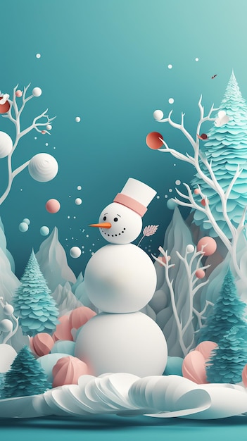 Funny figure of a snowman in winter Christmas festive landscape Merry Christmas and Happy New Year Christmas sale Holiday background AI generative