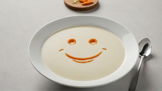 Funny food cream soup with vegetable smiley puree soup with a smile as decoration