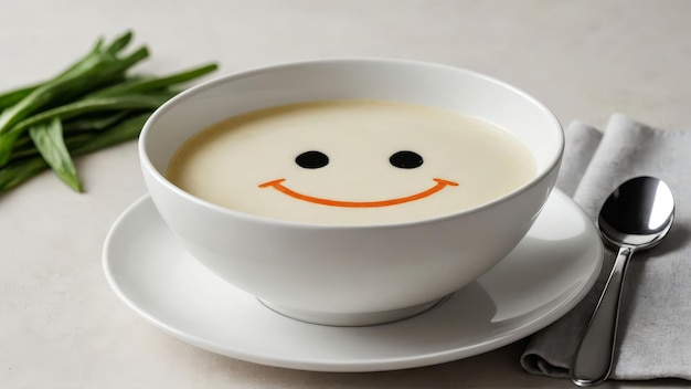 Funny food cream soup with vegetable smiley puree soup with a smile as decoration