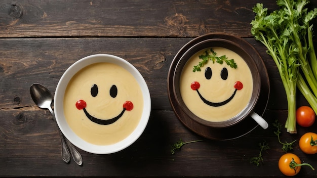 Funny food cream soup with vegetable smiley puree soup with a smile as decoration