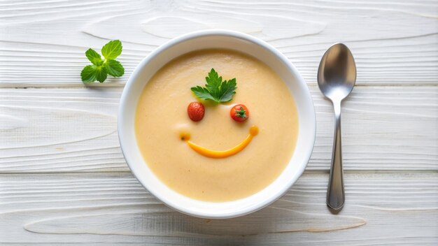 Funny food cream soup with vegetable smiley puree soup with a smile as decoration