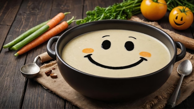 Funny food cream soup with vegetable smiley puree soup with a smile as decoration