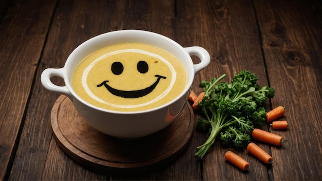 Funny food cream soup with vegetable smiley puree soup with a smile as decoration