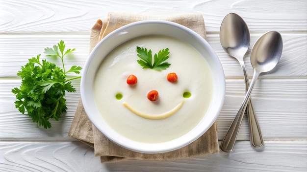 Funny food cream soup with vegetable smiley puree soup with a smile as decoration