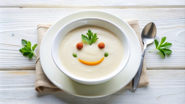 Funny food cream soup with vegetable smiley puree soup with a smile as decoration