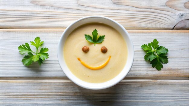 Funny food cream soup with vegetable smiley puree soup with a smile as decoration