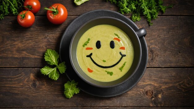 Funny food cream soup with vegetable smiley puree soup with a smile as decoration