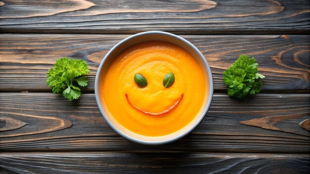 Funny food cream soup with vegetable smiley puree soup with a smile as decoration