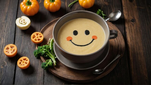 Funny food cream soup with vegetable smiley puree soup with a smile as decoration