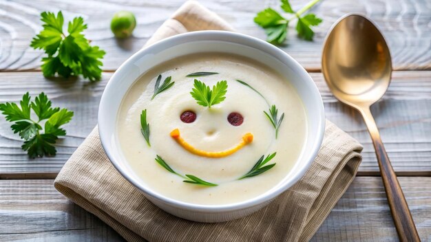 Funny food cream soup with vegetable smiley puree soup with a smile as decoration