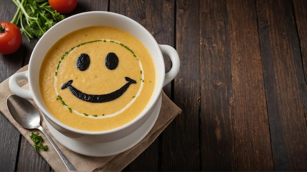 Funny food cream soup with vegetable smiley puree soup with a smile as decoration