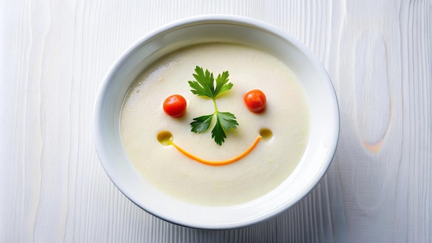 Funny food cream soup with vegetable smiley puree soup with a smile as decoration