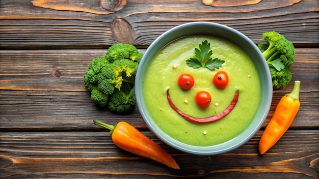 Funny food cream soup with vegetable smiley puree soup with a smile as decoration