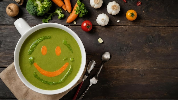 Funny food cream soup with vegetable smiley puree soup with a smile as decoration