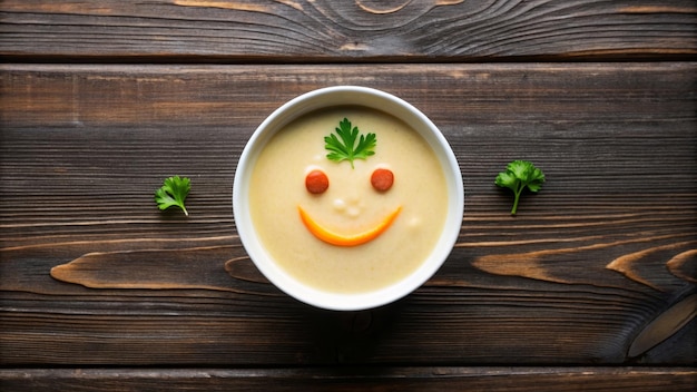 Funny food cream soup with vegetable smiley puree soup with a smile as decoration