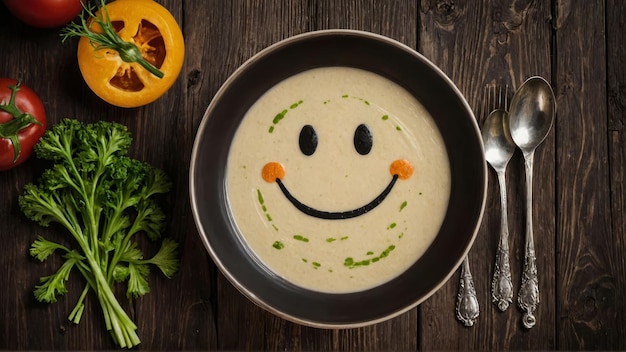 Funny food cream soup with vegetable smiley puree soup with a smile as decoration