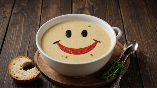 Funny food cream soup with vegetable smiley puree soup with a smile as decoration