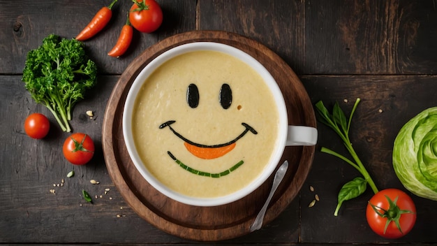 Funny food cream soup with vegetable smiley puree soup with a smile as decoration