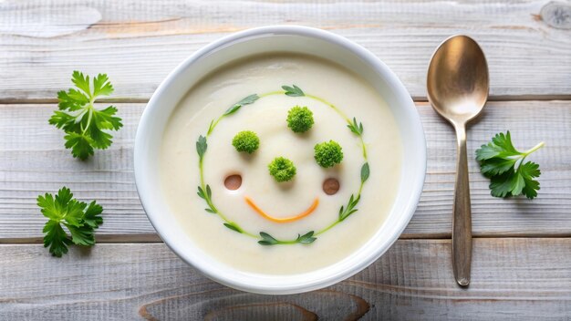 Funny food cream soup with vegetable smiley puree soup with a smile as decoration