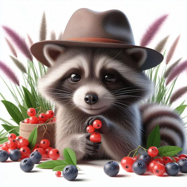 A funny forest raccoon eating berries