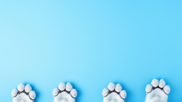 Funny four paws of a border collie puppy closeup isolated on a blue background space for text