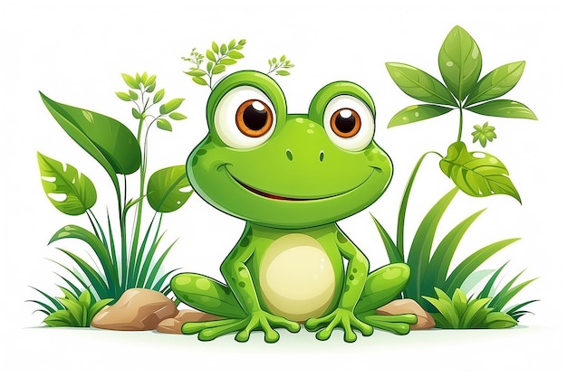 Funny frog cartoon character with nature element on white background