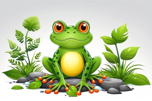 Funny frog cartoon character with nature element on white background