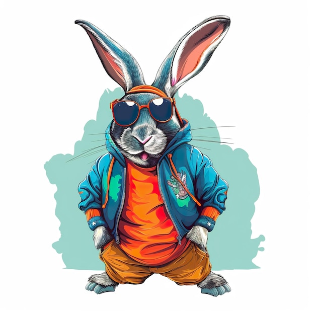 Funny funky rabbit in colorful jacket clipart on white background