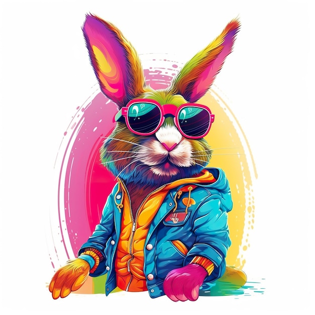 Funny funky rabbit in colorful jacket clipart on white background