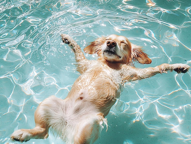 Photo a funny furry dog pet is floating on a summer pool water float