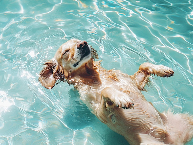 Photo a funny furry dog pet is floating on a summer pool water float