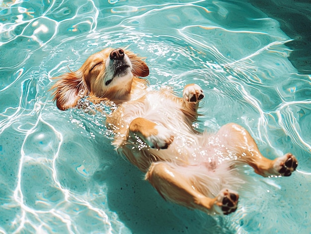 Photo a funny furry dog pet is floating on a summer pool water float