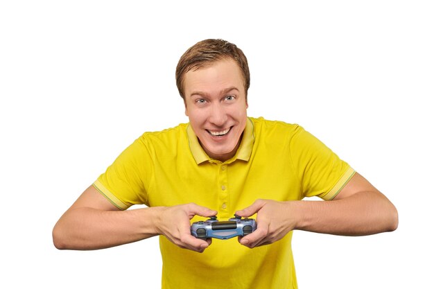 Funny gamer with gamepad excited video game player concept isolated on white background