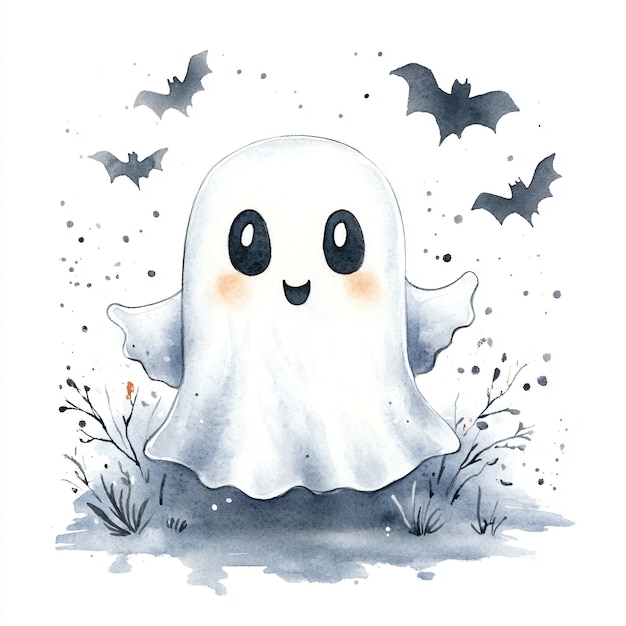 Photo funny ghost sheet costume isolated on white background watercolor illustration magic scary spirit simple spooky monster happy halloween party minimal concept