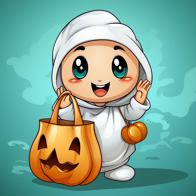 A funny ghosts on halloween celebration in a cemetery at night in cute cartoon style Halloween