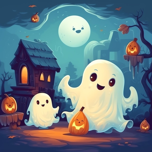 A funny ghosts on halloween celebration in a cemetery at night in cute cartoon style Halloween