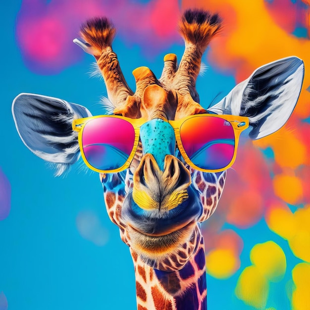 Photo funny giraffe in glasses closeup with a colorful and bright background