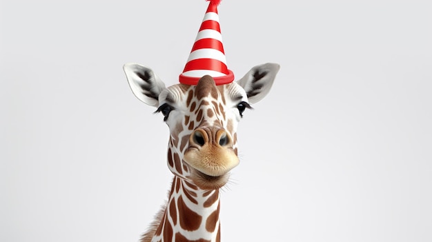 Funny giraffe party animal with a red and white striped birthday hat generative ai