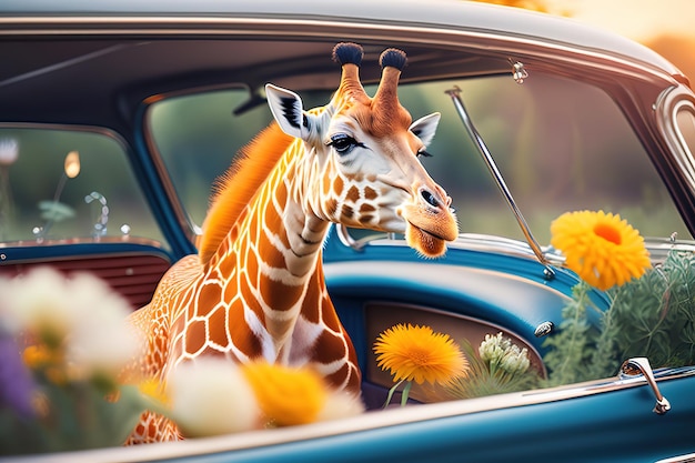 Funny giraffe peering out of a car full of flowers AI