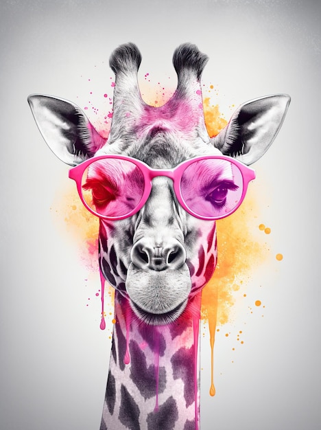 Funny giraffe wearing pink glasses on a light color background Generative AI