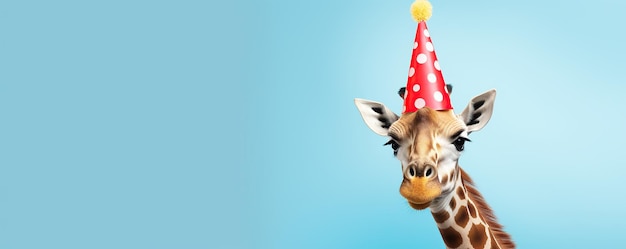 Funny giraffe with party hat on blue background