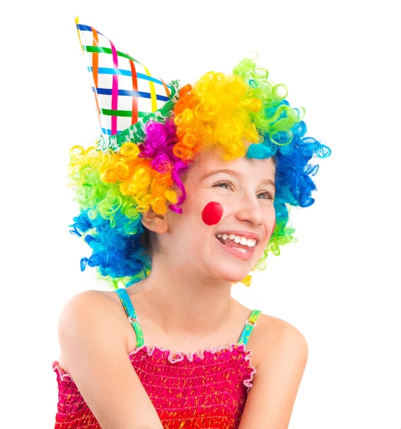 Funny girl in clown wig isolated on white background