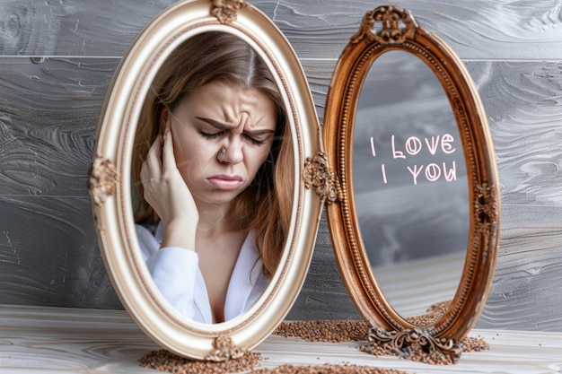 Photo funny girl grimaces in mirror with i love you affirmation