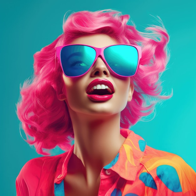 Photo funny girl with pink hair wearing huge amazing sunglasses fashion summer digital picture generative ai