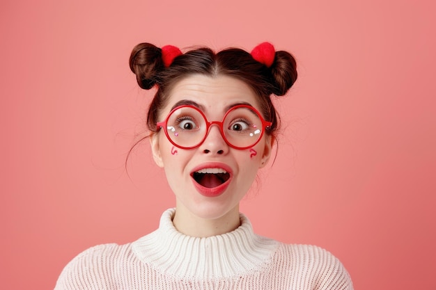 Funny Girl With Red and White Martisor Lucky Charm Cute surprised woman wearing red eyeglasses